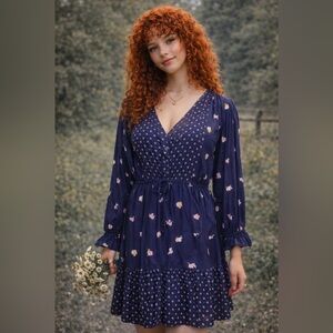 Old Navy Navy Blue Floral Long Sleeve Dress size large boho indie cottagecore